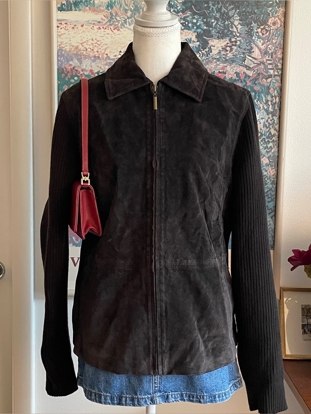 Vintage Suede Leather Jacket Womens Medium Dark Brown Knit Sleeves Indie 90s